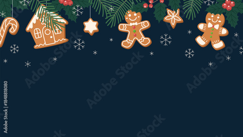 Christmas border with spruce and holly branches, gingerbread houses and men, and snow.