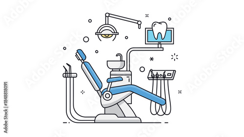 Professional dentist office equipment, including a chair, light, and tools, illustrated in a modern line art and flat color style.