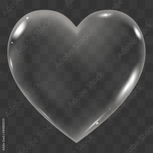 Heart Transparent for Valentines day.Wedding invitation 3d Crystal clear glass heart shape.Vecor Icon love symbol,Fluid gradient hart soap bubble for Beauty product,moisture