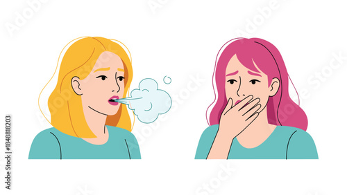 Woman with bad breath exhaling, causing another woman to cover her nose in reaction to the unpleasant smell and odor.