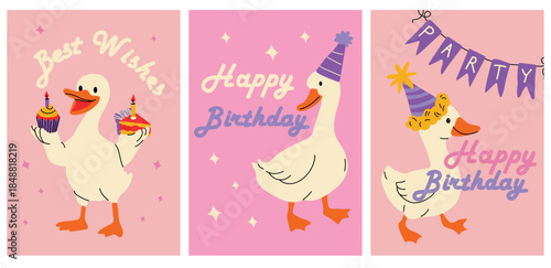 Adorable duck celebrating with birthday cake and party hat