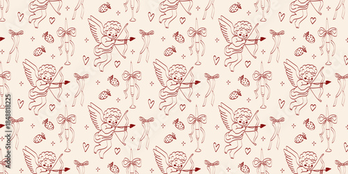 Hand-drawn coquette wedding pattern. Vintage ribbons and bows in crayon sketch style. Seamless, romantic background for Valentine's Day and invitations.