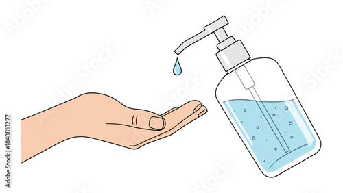 Hand receiving a drop of alcohol gel from a pump bottle of hand sanitizer for disinfection and hygiene to kill germs.