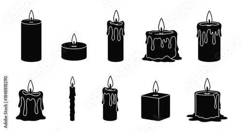 Black and White Illustration of Various Burning Candles in Different Shapes