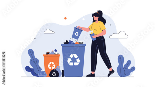Young woman sorting waste and putting garbage into different colored containers for recycling to help protect the environment.