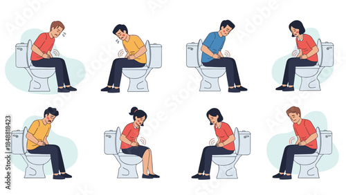Set of diverse men and women suffering from diarrhea or stomach aches, sitting on the toilet in pain and discomfort.