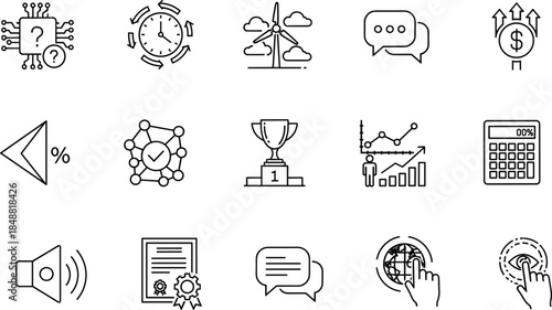 Business strategy analytics line icons set growth performance communication finance innovation outline vector illustration collection