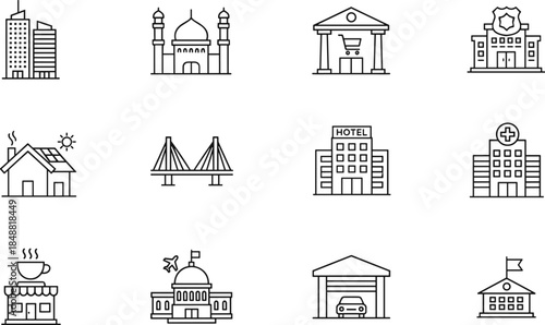 City and building line icons set including mosque hospital hotel bridge government house school urban architecture symbols
