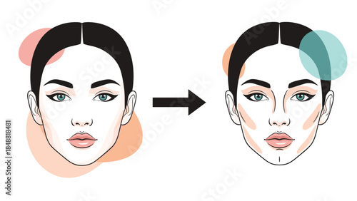 Makeup tutorial showing face contouring and highlighting techniques to transform a round face shape into a more defined oval one.