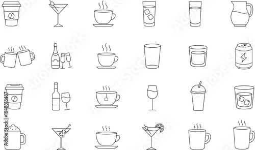 Drink beverage line icons set featuring coffee tea cocktail wine beer soda water cups glasses pitchers