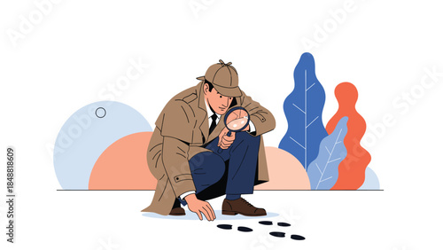 Classic detective character in a trench coat and hat, examining footprints on the ground with a magnifying glass to solve a crime.