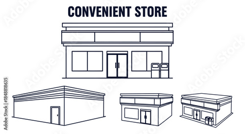 Convenient Store Building Architecture, Front and Side Views Illustration