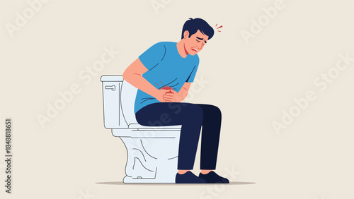 Man sitting on a toilet and clutching his stomach, suffering from constipation, pain, and digestive system problems.