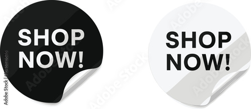 Shop now promotional sticker buttons set black white peeling label design ecommerce marketing call to action