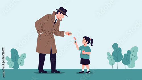 Man in a trench coat acting as a stranger offering candy to a little girl, illustrating the concept of stranger danger.