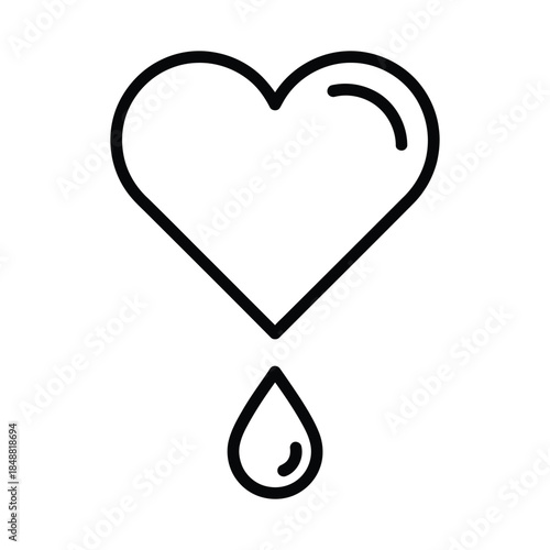 Simple black line art icon of a heart with a single drop falling below isolated on white background, Vector, illustration