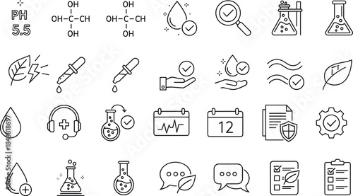 Skincare cosmetic chemistry line icons set laboratory testing quality control safety natural formula outline vector illustration collection design