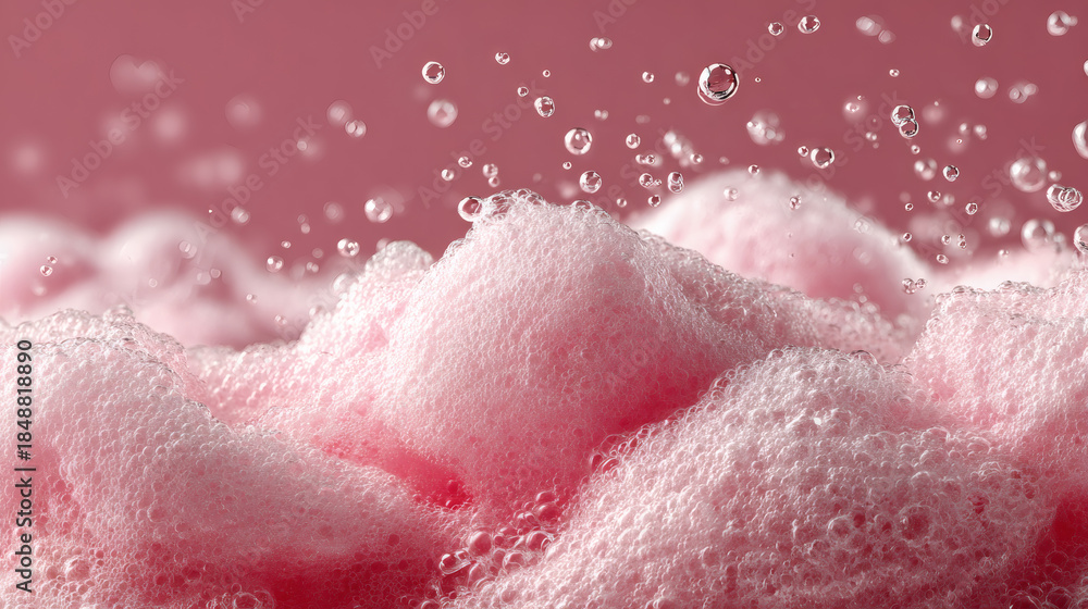 Fototapeta premium Close-up of vibrant pink foam with water droplets splashing above, creating a bubbly and frothy texture.