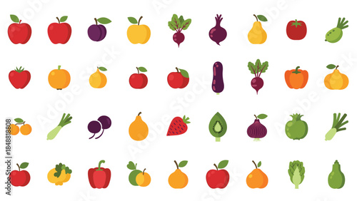 Large set of pixel art style fruits and vegetables, including apples, pears, and bell peppers for retro video games.
