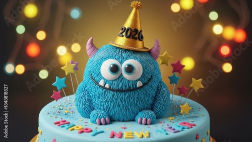 Cute Blue Fluffy Monster Character with Party Hat on a Happy New Year 2026 Cake