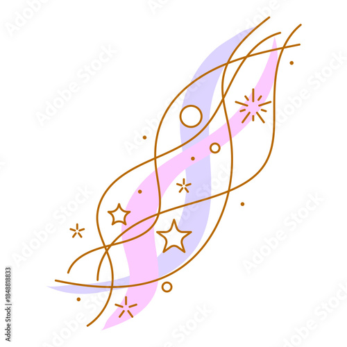 Curls and waves with stars. Magic outline illustration. Line art style.