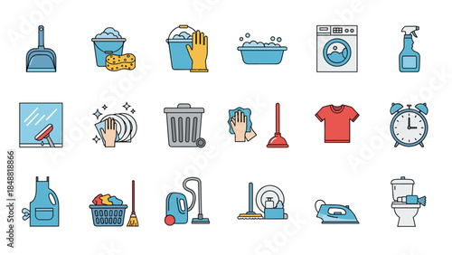 Collection of colorful line art icons representing various cleaning supplies and household chores like washing, laundry, and vacuuming.