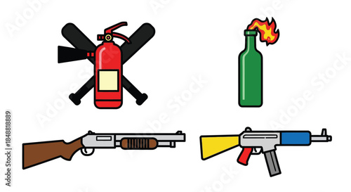 Cartoon Firearm and Safety Icons with Fire Extinguisher and Molotov Cocktail