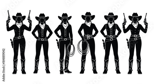 Six Silhouette Cowgirls Posing with Guns and Lasso in Black