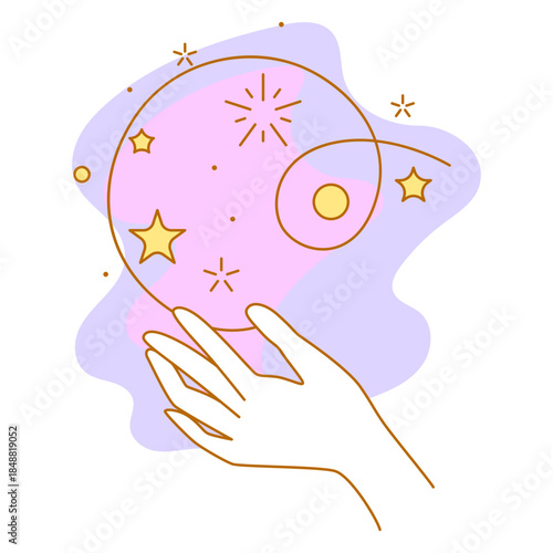 Magic stars in hand. Palm hold or gives celestial body. Line art style.