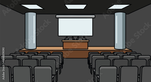 Empty Conference Room with Projector Screen and Stage