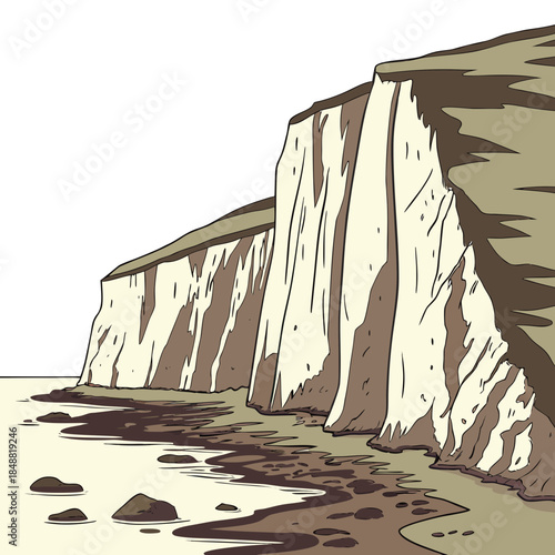 Coastal cliff base with erosion marks rocky shoreline