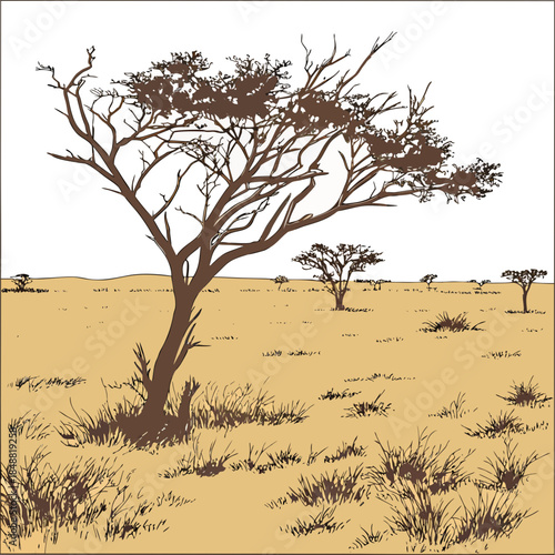Dry grassland with sparse bushes and trees realistic