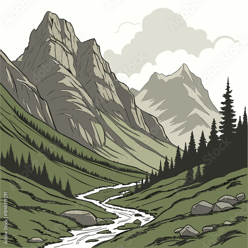 Mountain basin surrounded by ridges and trees with a stream