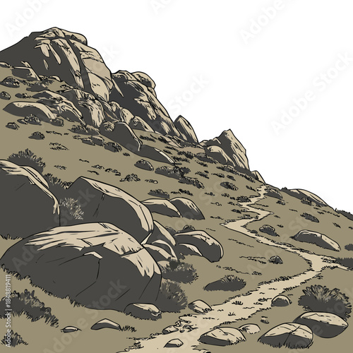 Rocky hillside with scattered boulders and winding path