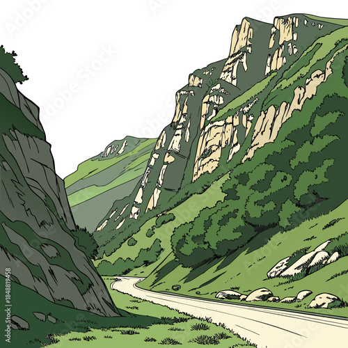 Mountain pass road between steep rocky slopes with trees and grass