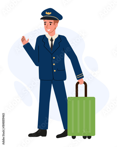 Pilot waves goodbye while holding a suitcase before leaving for a flight at an airport on a clear day