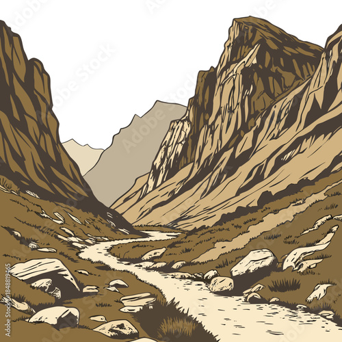 Mountain pass between two steep rocky slopes with stream