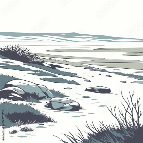 Tundra landscape with low ground textures and sparse vegetation in muted colors