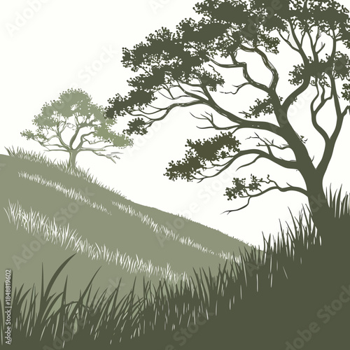 Grassland with trees on hillside in muted green tones