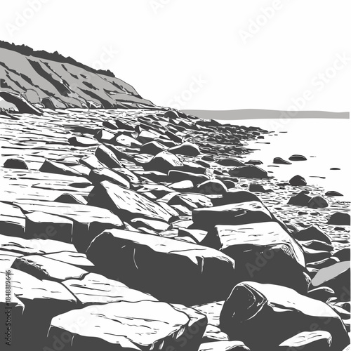 Rocky shoreline with eroded stone shapes and sloping cliff