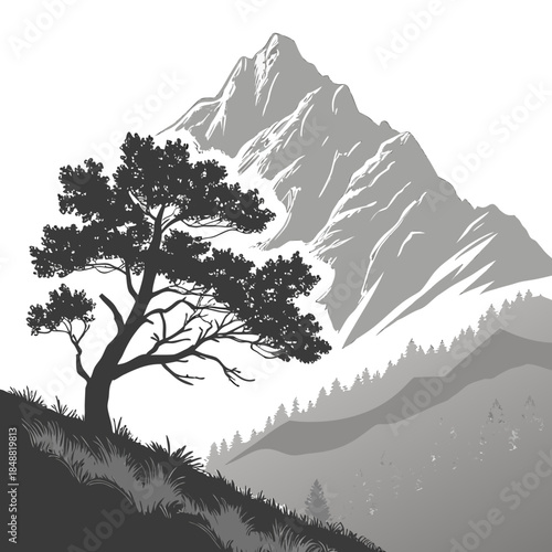 Grayscale mountain landscape with tree on hill