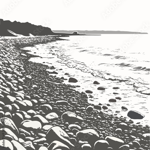 Grayscale coastal shoreline with smooth stones and shallow water