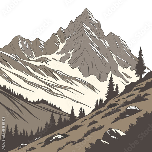 Isolated mountain ridge with soft layered slopes and trees