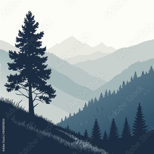 Alpine valley with layered mountain silhouettes and pine trees