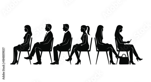 Business People Sitting in a Row, Waiting, Silhouette Illustration