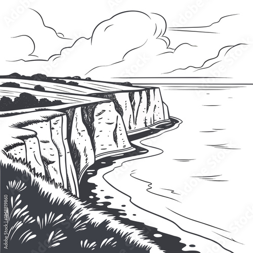 Black and white of coastal cliff edge overlooking calm sea