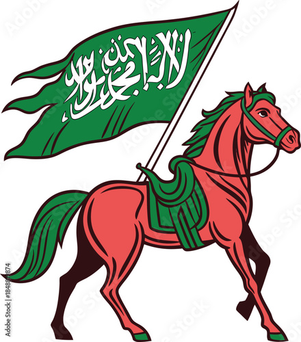 A stylized illustration of a red horse carrying the national flag of saudi arabia