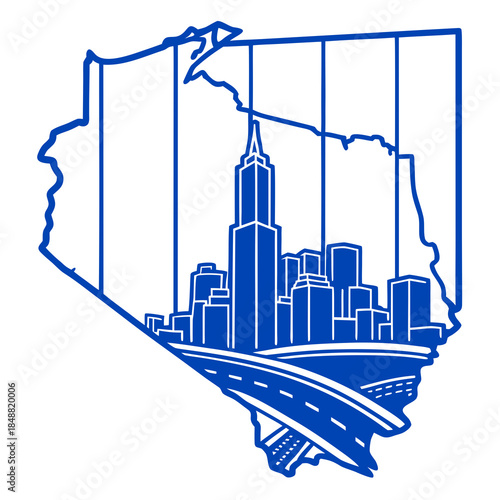 Neon blue city skyline within Ohio state outline blue neon