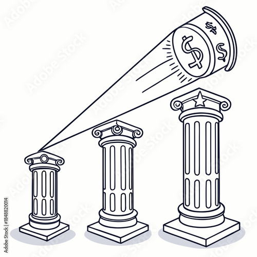 Light beam from giant coin illuminating three 3d financial columns