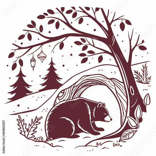 Winter Bear Hibernating in Forest Den – Christmas Holiday Illustration, Snowy Woods Scene with Ornaments, Wildlife Nature Art, Festive Woodcut Style Background for Seasonal Greeting Card Design & Pine